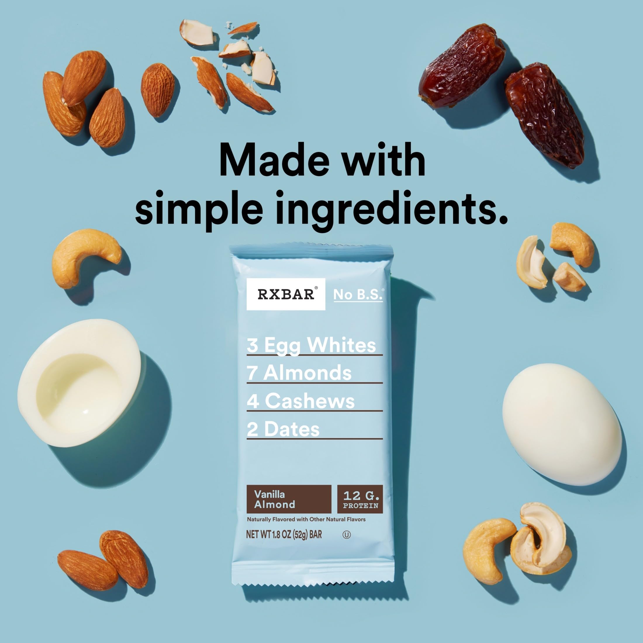 RXBAR ingredientes cerca: almendras, anacardos y dátiles para sabor natural