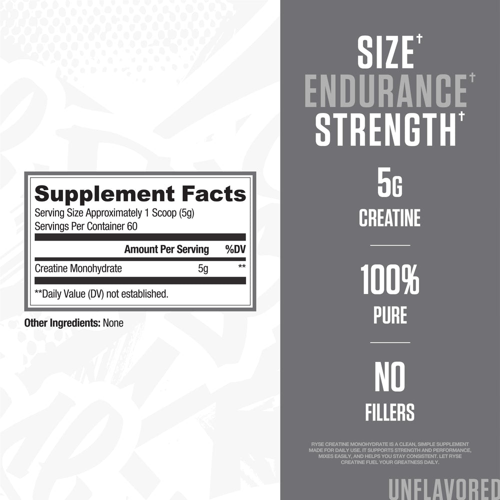 Cuchara con polvo RYSE Creatine Monohydrate destacando textura fina y fácil disolución