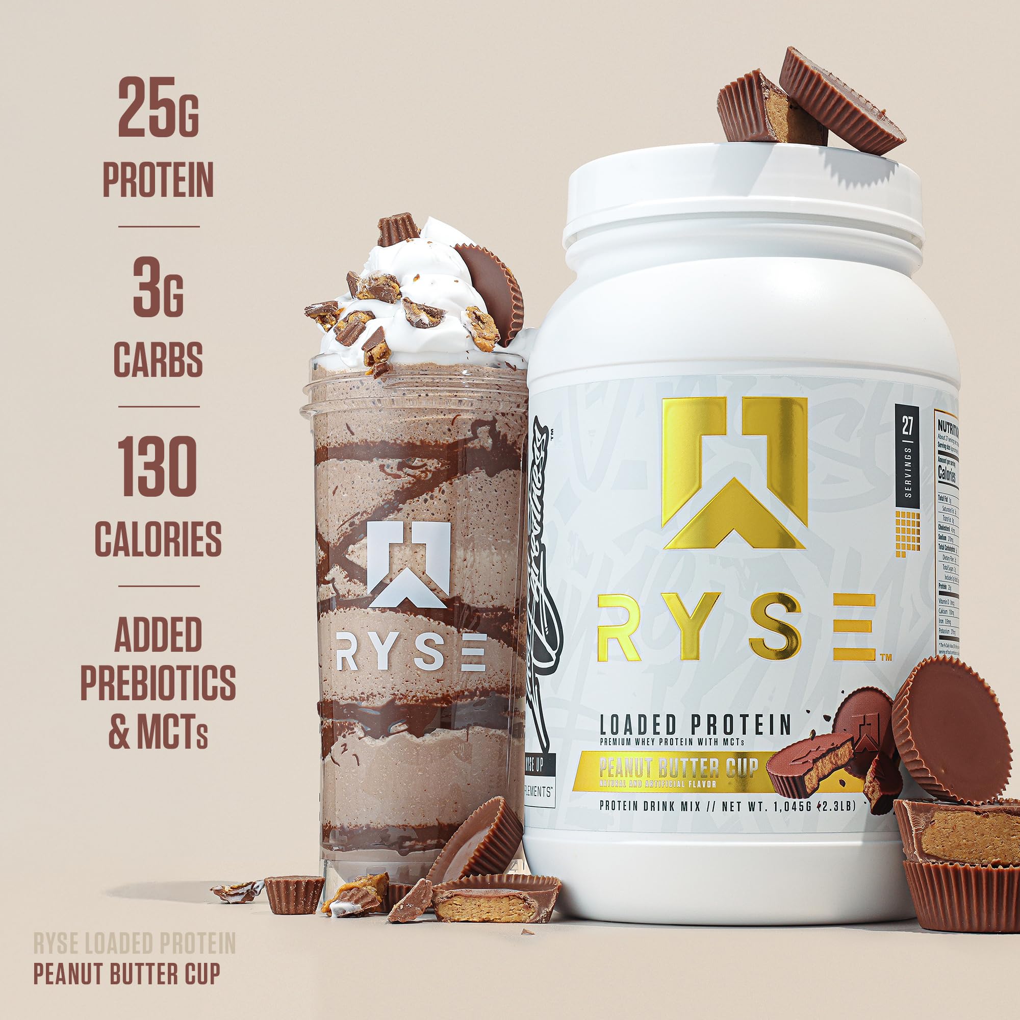 RYSE Up Supplements comparativa de tamaño del envase en mano para visualizar porciones