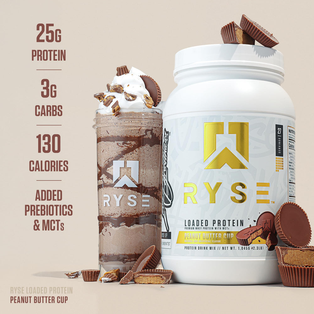 RYSE Up Supplements comparativa de tamaño del envase en mano para visualizar porciones
