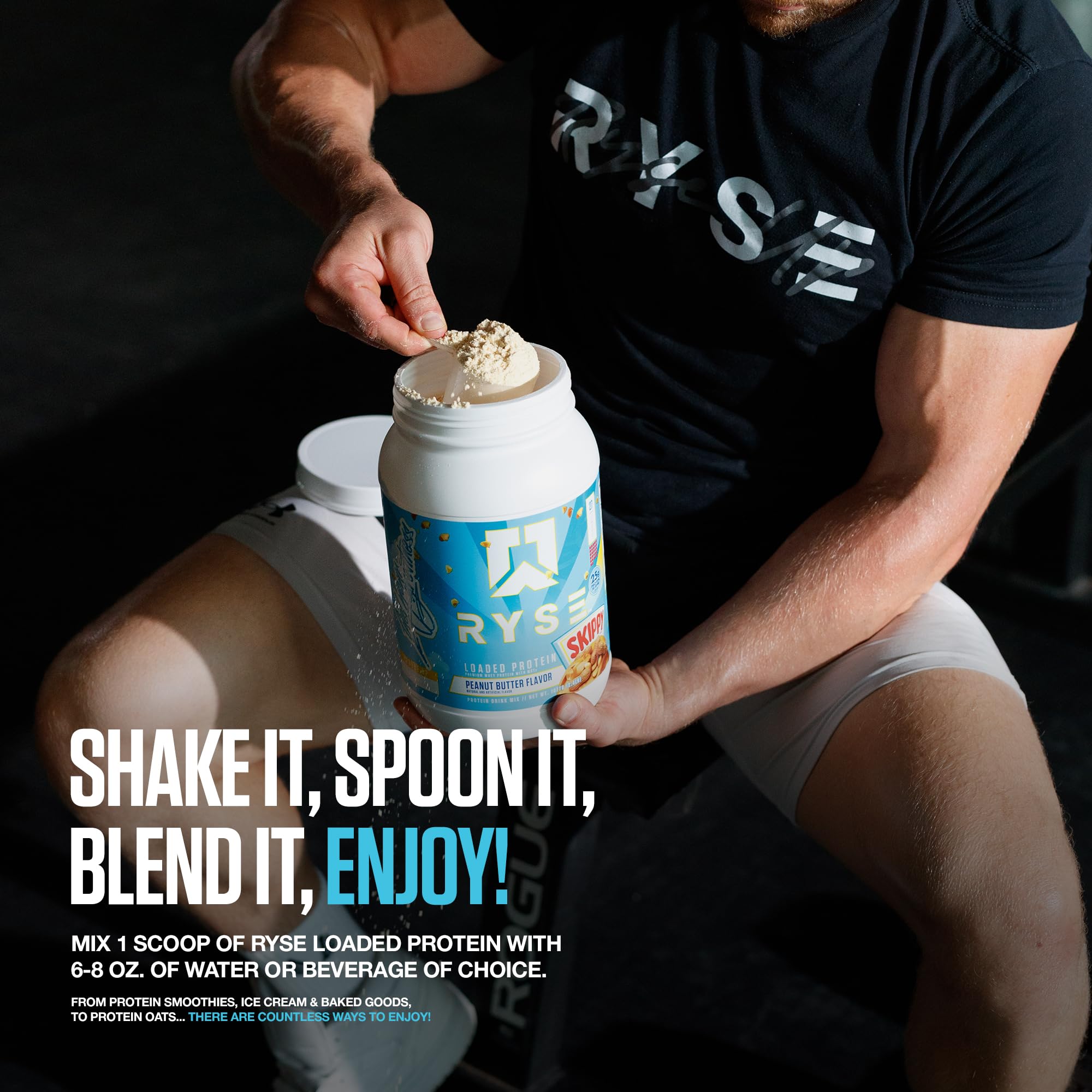 RYSE Up Supplements escena postentreno con batido para recuperación y digestión cómoda