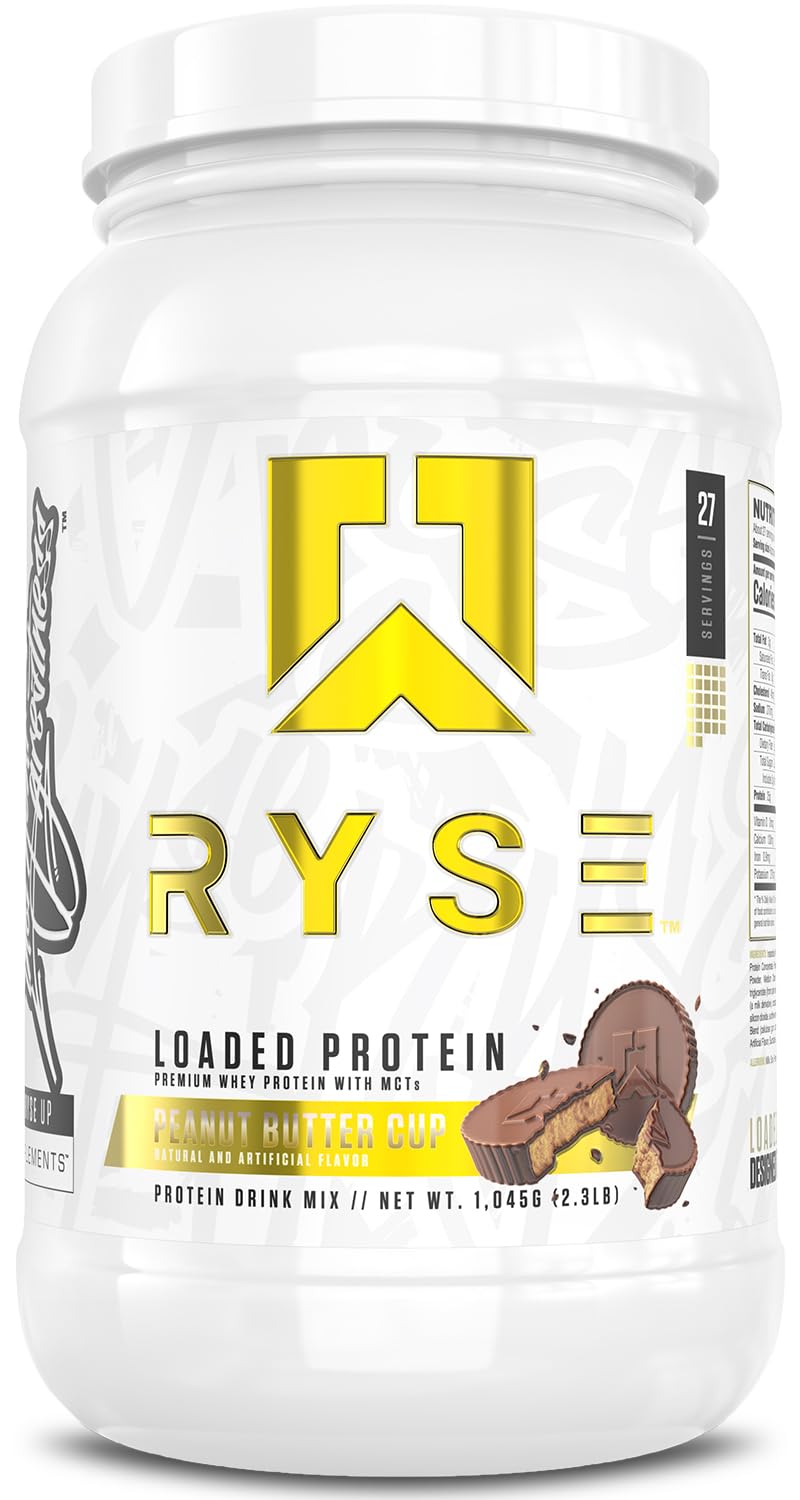 RYSE Up Supplements tarro frontal del sabor Peanut Butter Cup mostrando envase y beneficios