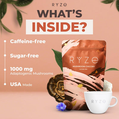 RYZE etiqueta de ingredientes clara que resalta hongos y achicoria