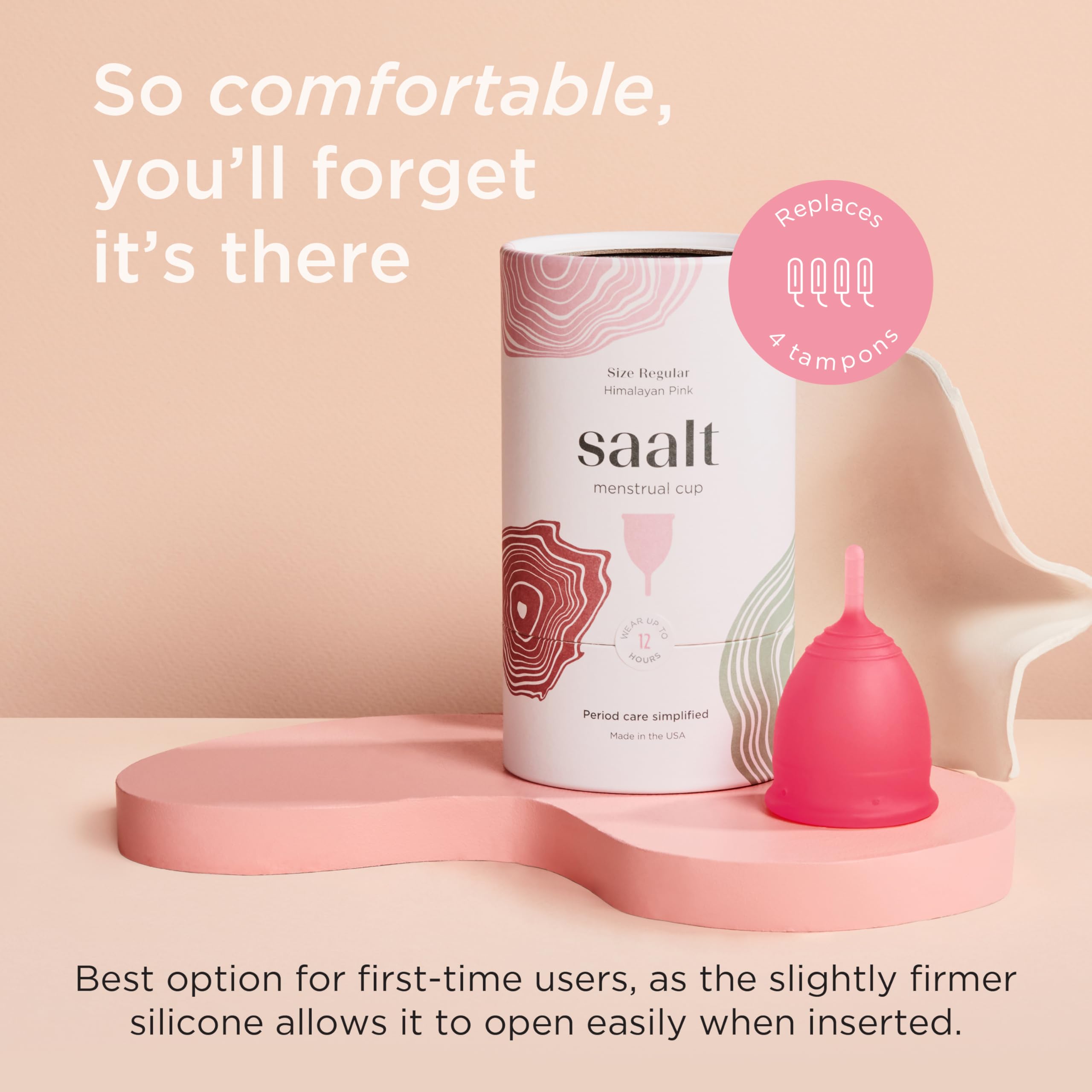 saalt copa menstrual vista lateral que muestra su forma y capacidad