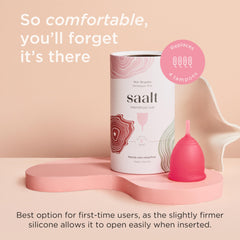 saalt copa menstrual vista lateral que muestra su forma y capacidad