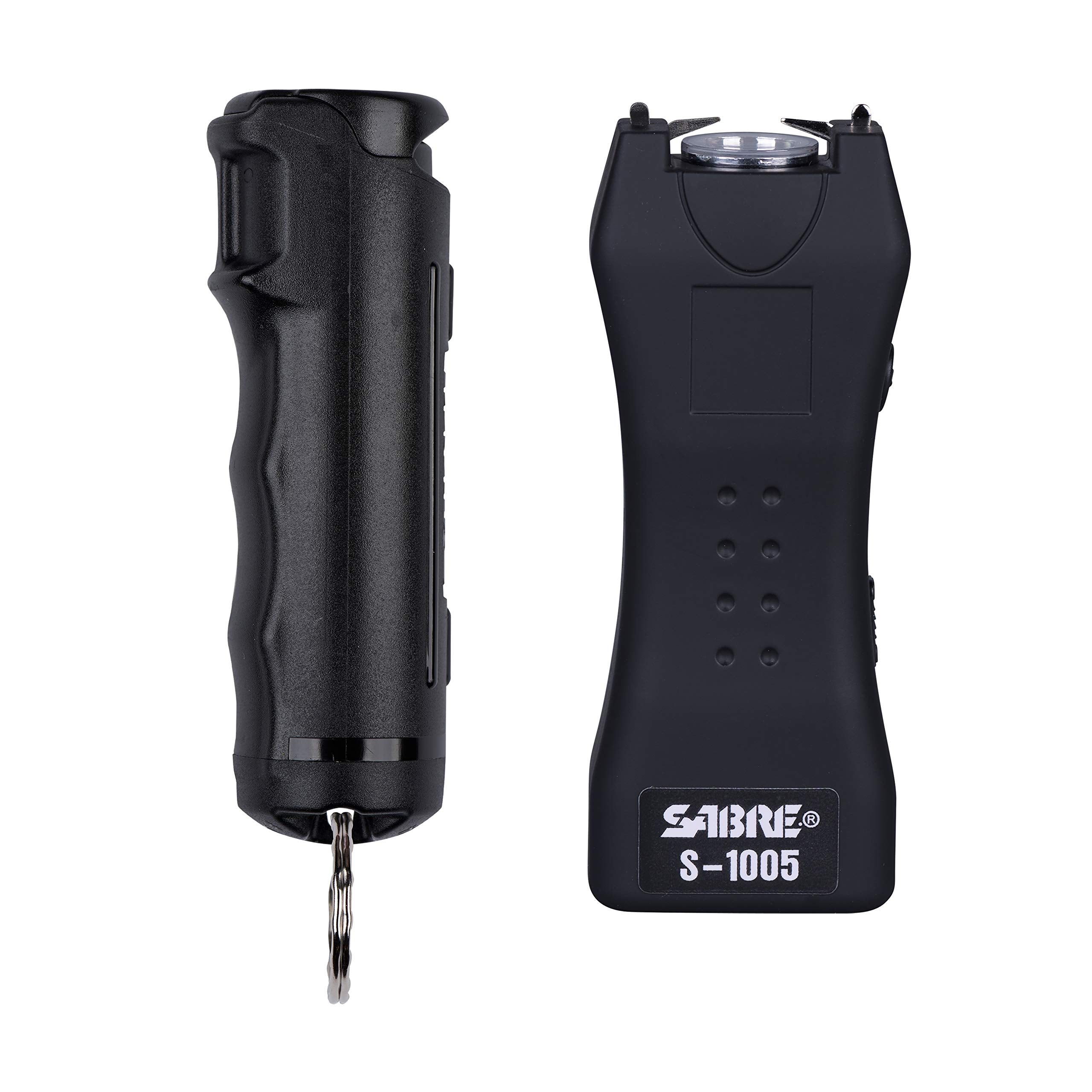 SABRE kit frontal mostrando spray y pistola eléctrica, listo para protección diaria