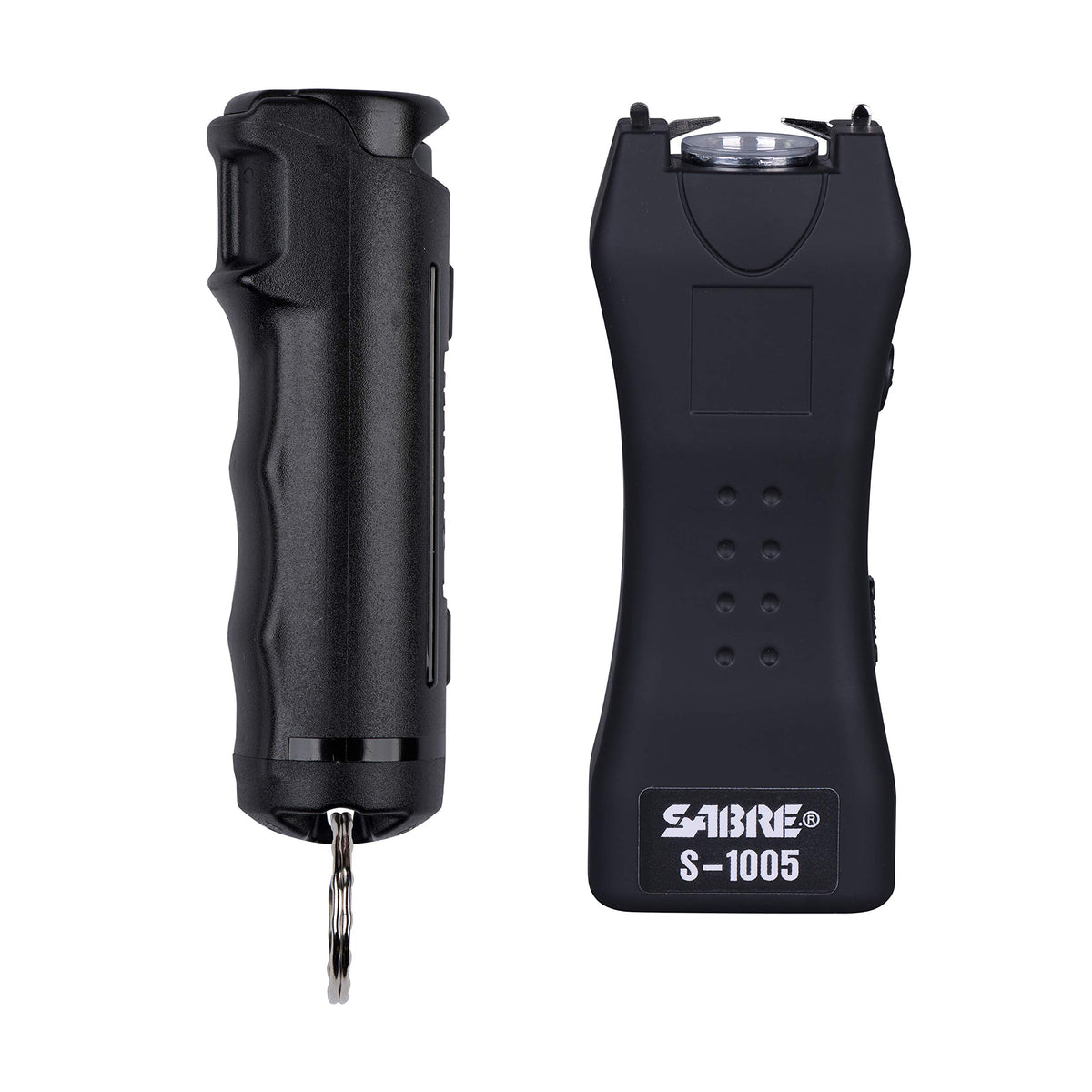 SABRE kit frontal mostrando spray y pistola eléctrica, listo para protección diaria