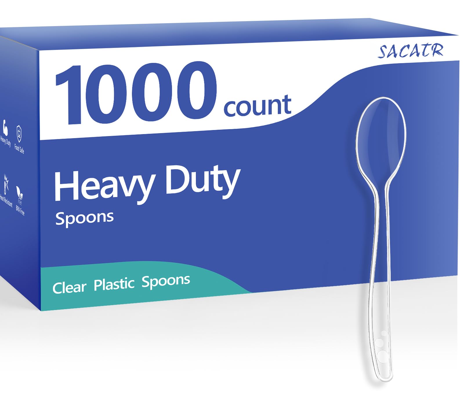 SACATR paquete frontal mostrando 1000 cucharas transparentes, ideal para eventos
