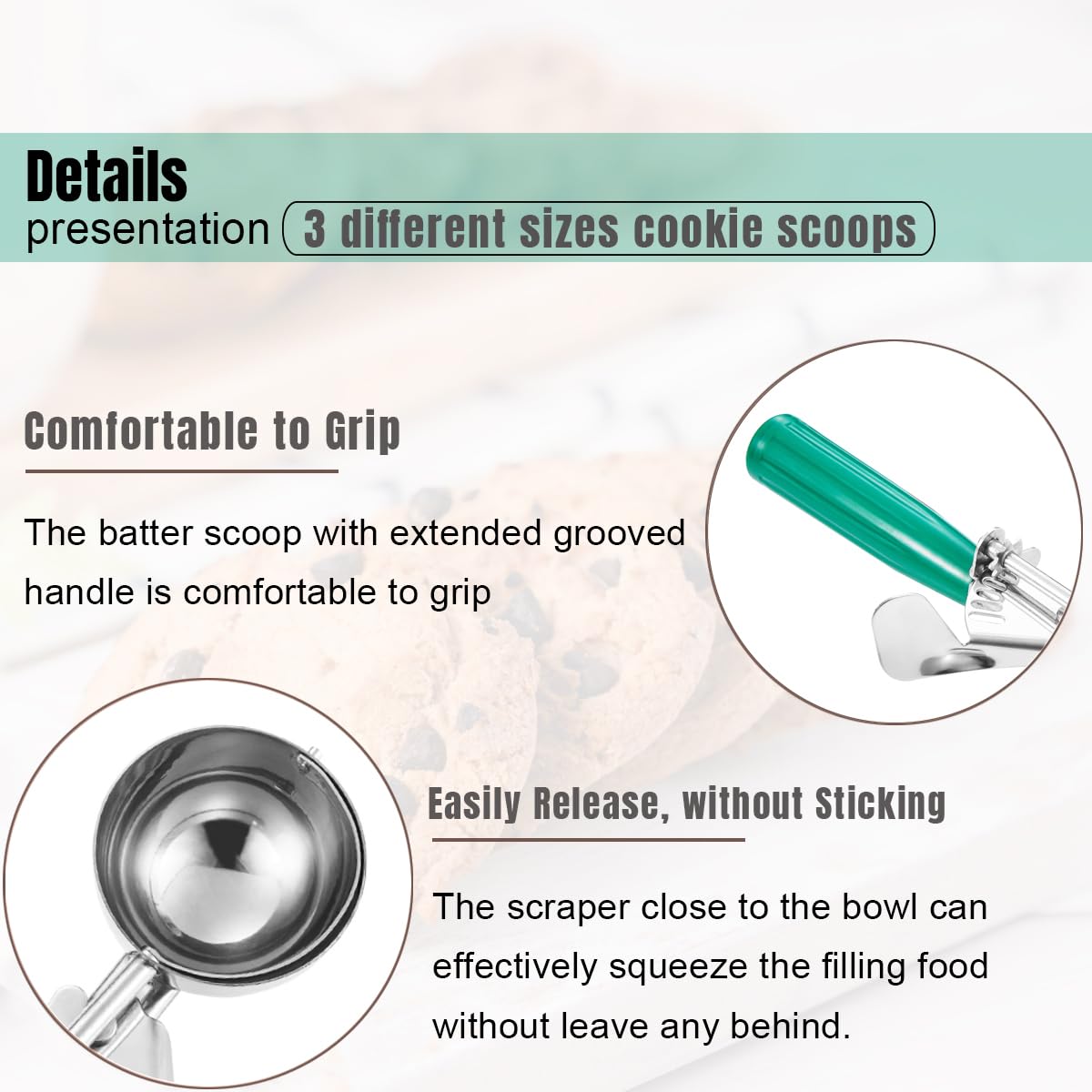 Saebye usando la cuchara para porcionar masa de galletas sin esfuerzo