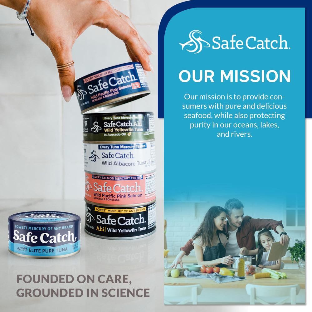 Safe Catch lata en mano para comparar tamaño y porción fácil de llevar