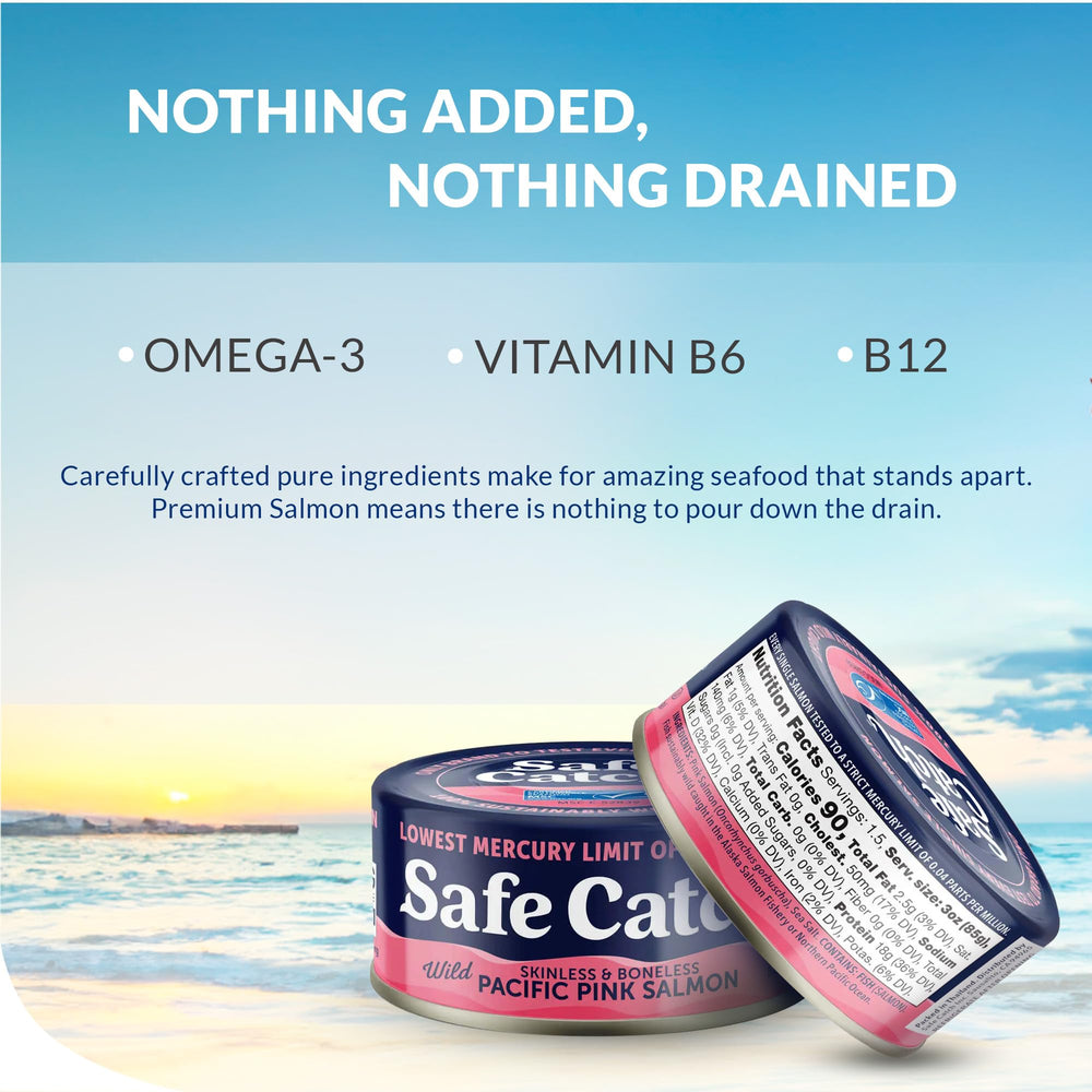 Safe Catch etiqueta con sellos MSC y pruebas de mercurio, confianza