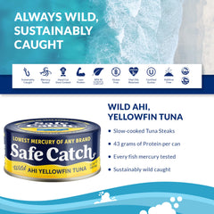 Safe Catch detalle de etiqueta con ingredientes y certificaciones visibles