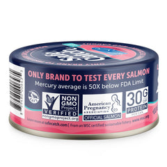 Safe Catch lata abierta con salmón jugoso listo para consumir