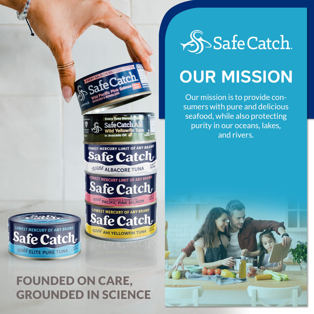 Safe Catch lata junto a regla para comparar tamaño y ración