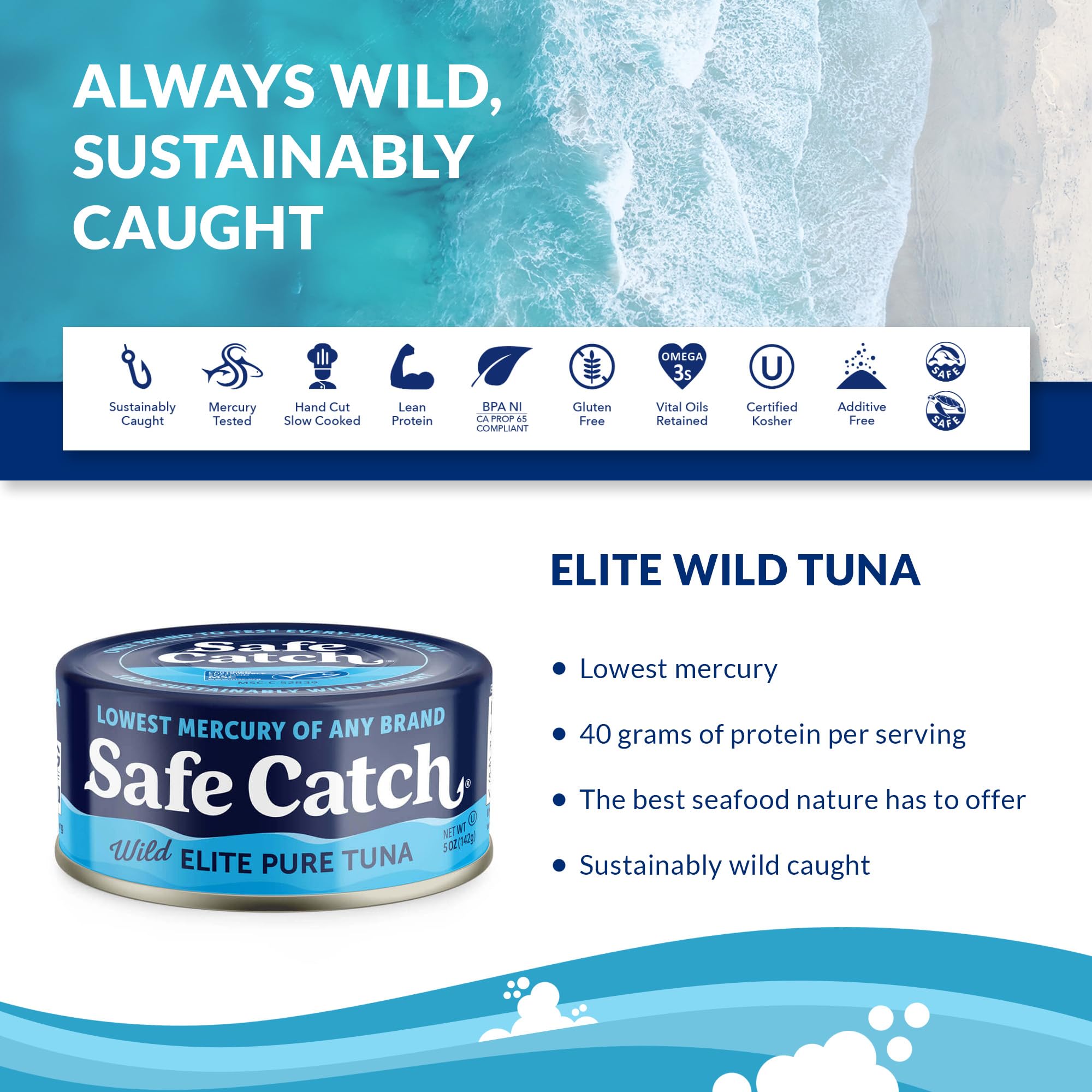 Safe Catch textura cercana de trozos sólidos de atún, alta proteína