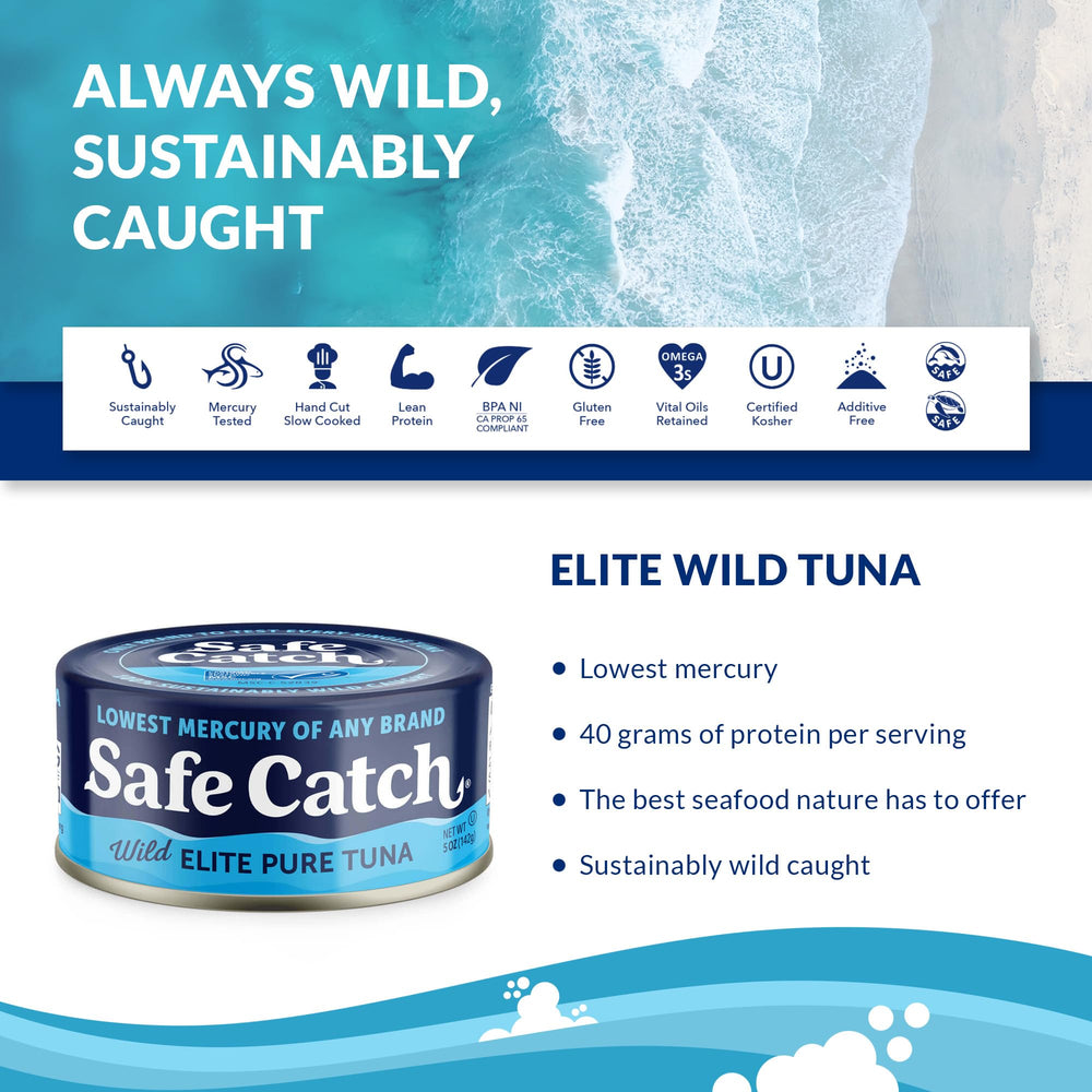 Safe Catch textura cercana de trozos sólidos de atún, alta proteína