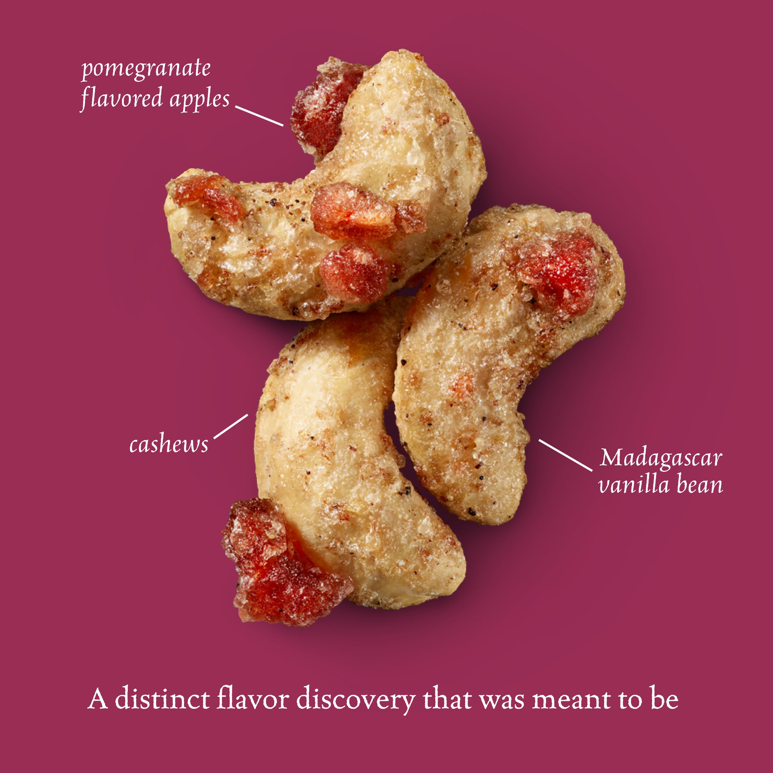 Sahale Snacks pomegranate-infused apple pieces detail emphasizing tart contrast benefit