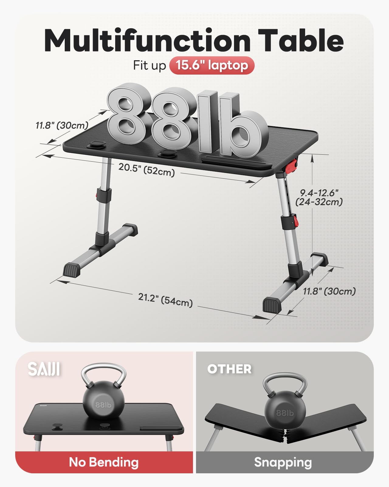 SAIJI mesa junto a un portátil de 15" demostrando compatibilidad y equilibrio