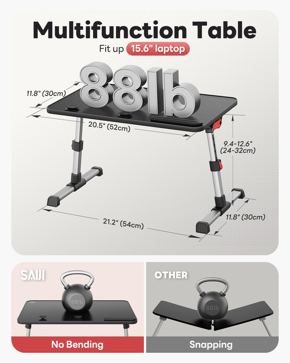 SAIJI mesa junto a un portátil de 15" demostrando compatibilidad y equilibrio