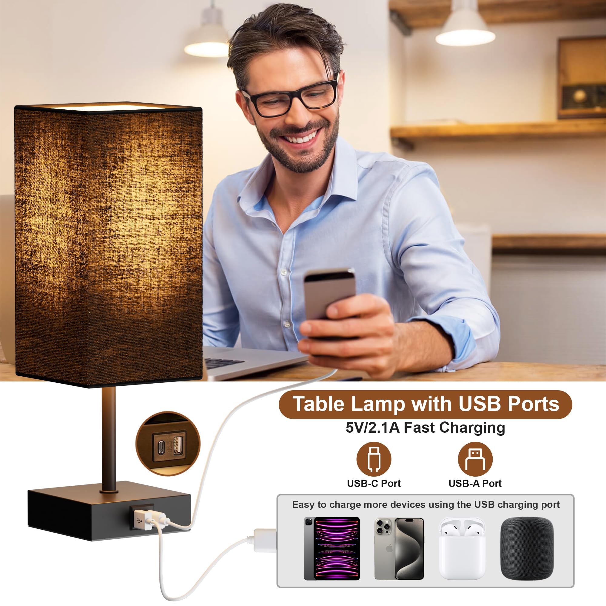 Sailstar base con puerto USB-C y USB-A para cargar dispositivos junto a la lámpara