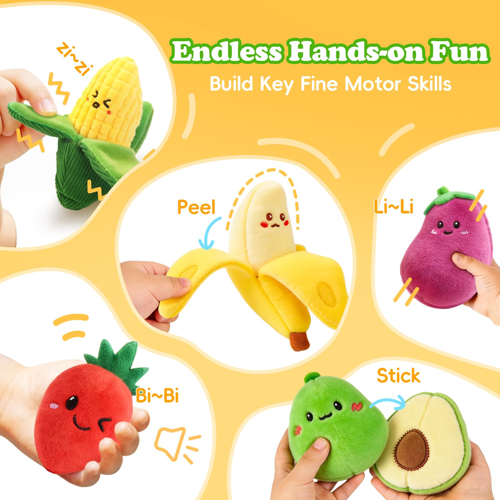 SAIMAND primer plano textura fruta de peluche, estimula tacto