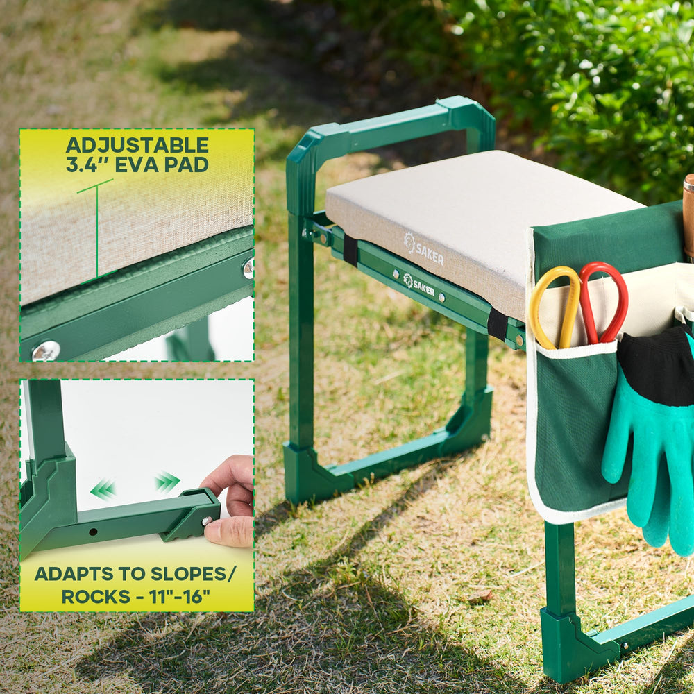 Saker kneeler mode in use with gardener demonstrating knee support benefit