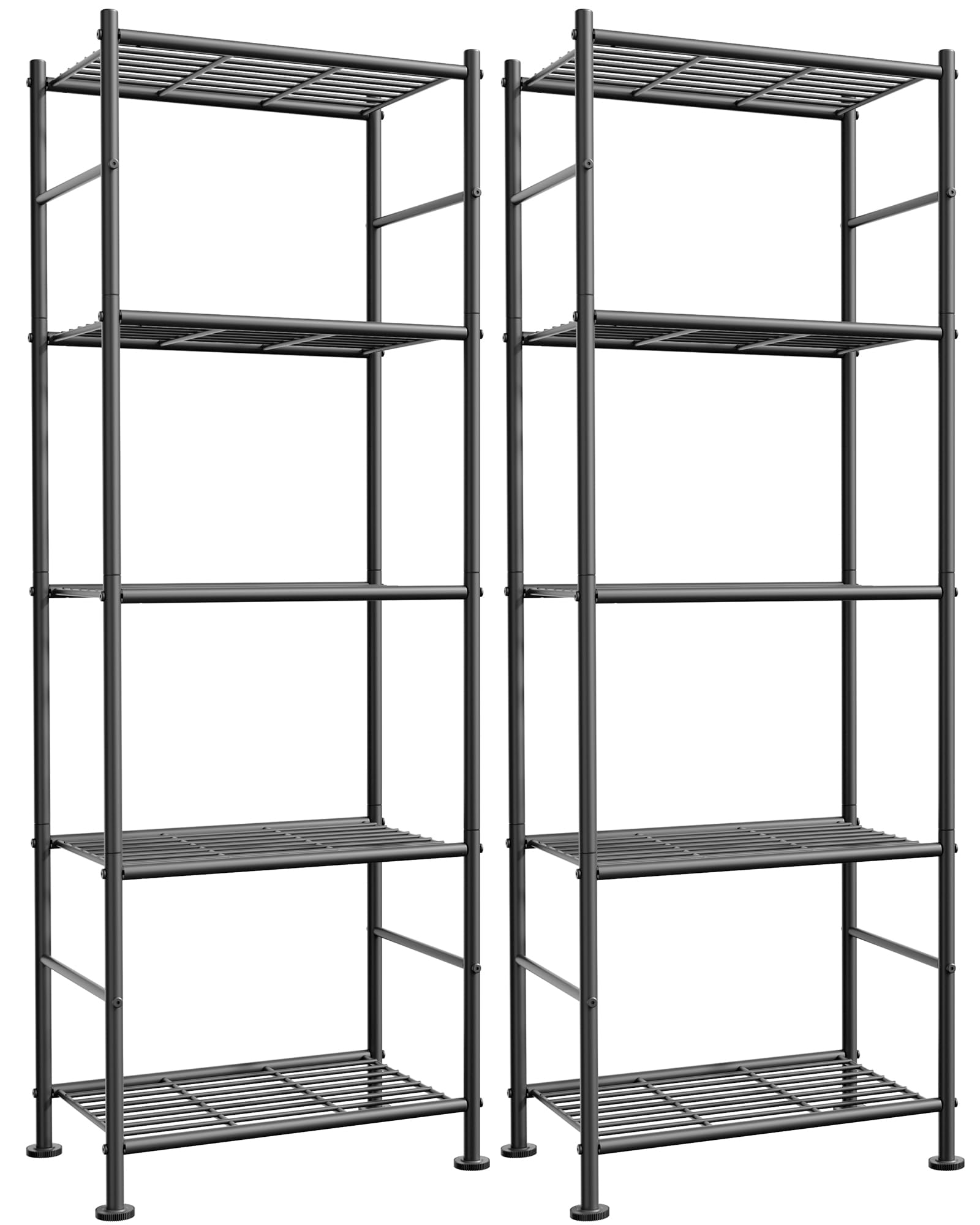 Sakugi front view of both black 5-tier shelves showing compact footprint and tidy storage benefit
