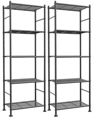 Sakugi front view of both black 5-tier shelves showing compact footprint and tidy storage benefit