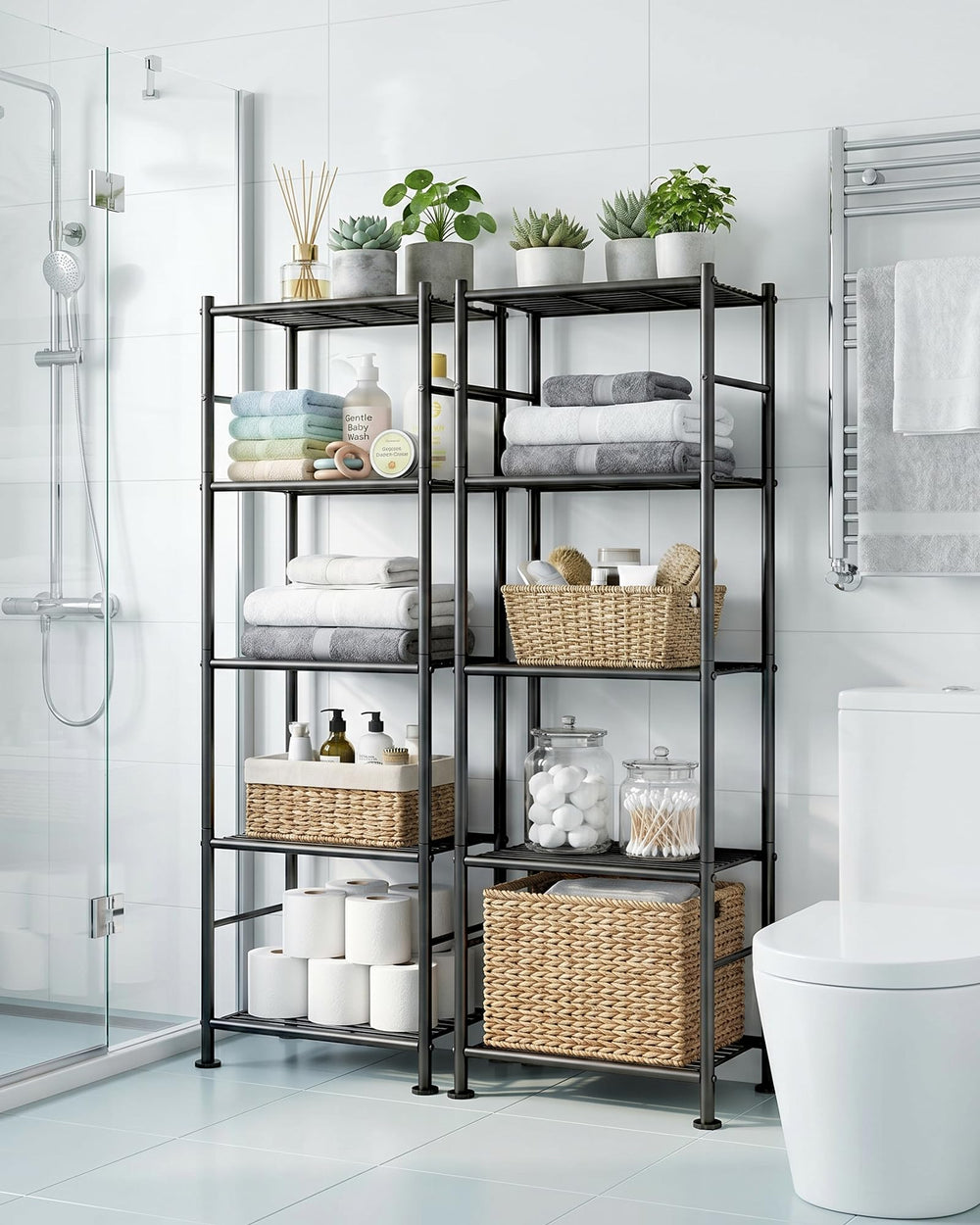 Sakugi shelf loaded to demonstrate 100 lb capacity per shelf and robust support benefit