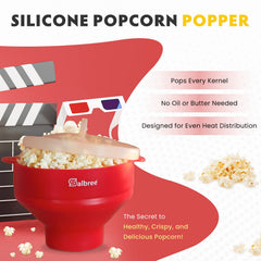 Salbree expanded silicone bowl filled with popped kernels showing capacity benefit