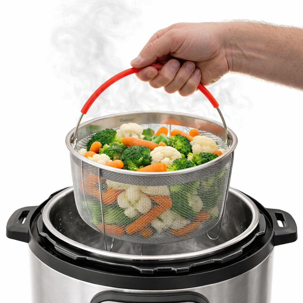 Salbree front view of steamer basket showing fit and durable finish, easy storage benefit