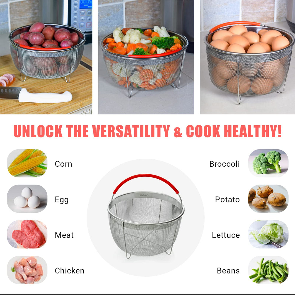 Salbree basket beside measuring spoon showing scale for fit in common 6qt multi-cookers