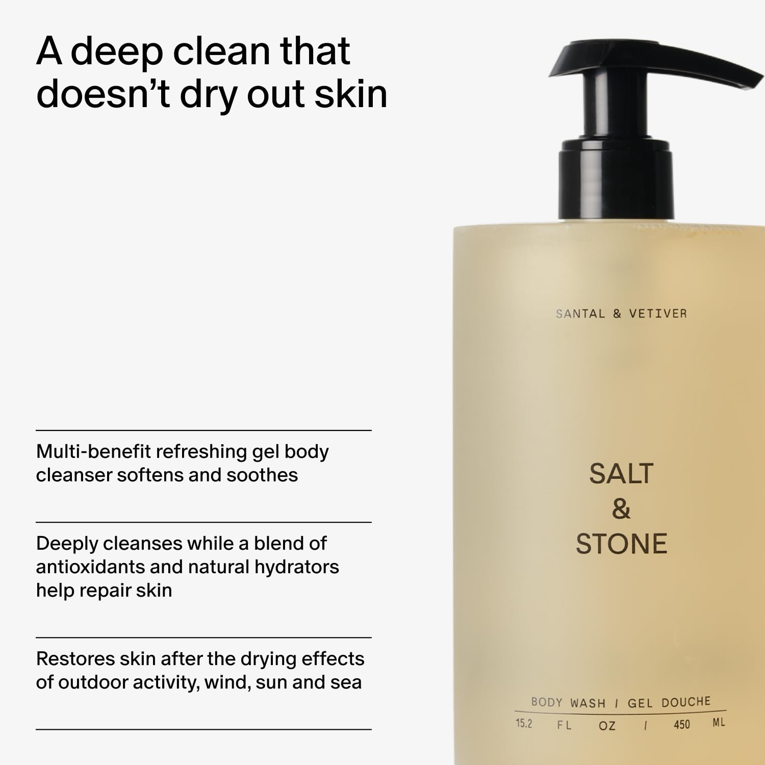 Salt & Stone botella colocada en ducha, uso diario práctico