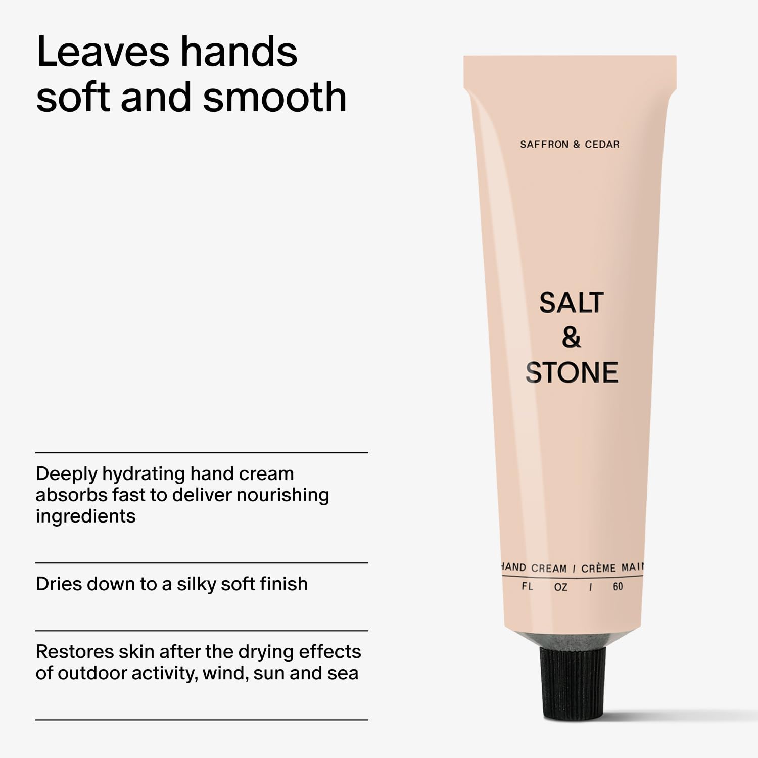 Salt & Stone etiqueta con ingredientes destacando fórmulas veganas y libres de crueldad