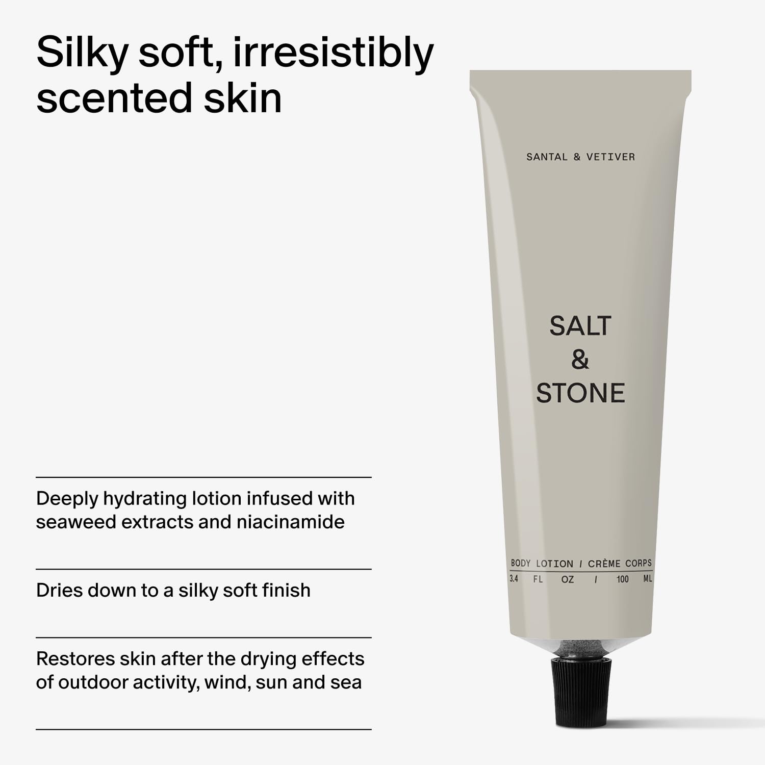 Salt & Stone etiqueta con lista de ingredientes limpios y beneficios visibles