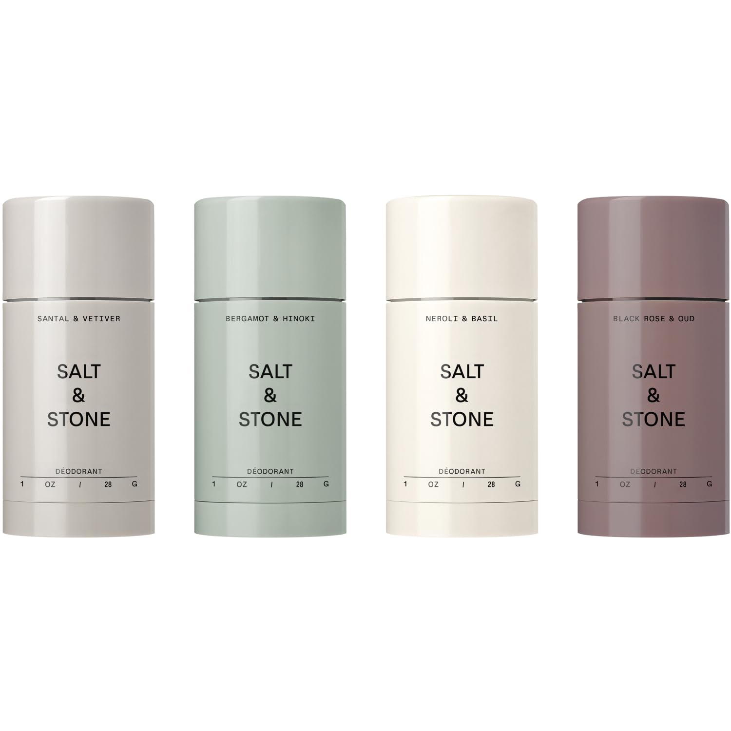 Salt & Stone four-pack front packaging showing travel deodorants and benefits
