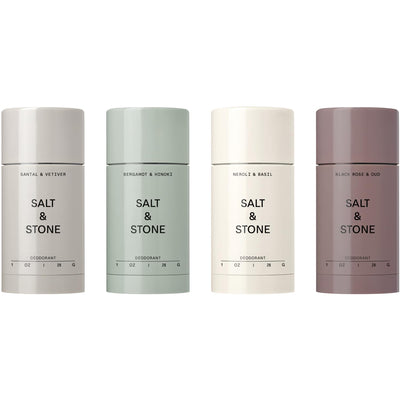 Salt & Stone four-pack front packaging showing travel deodorants and benefits