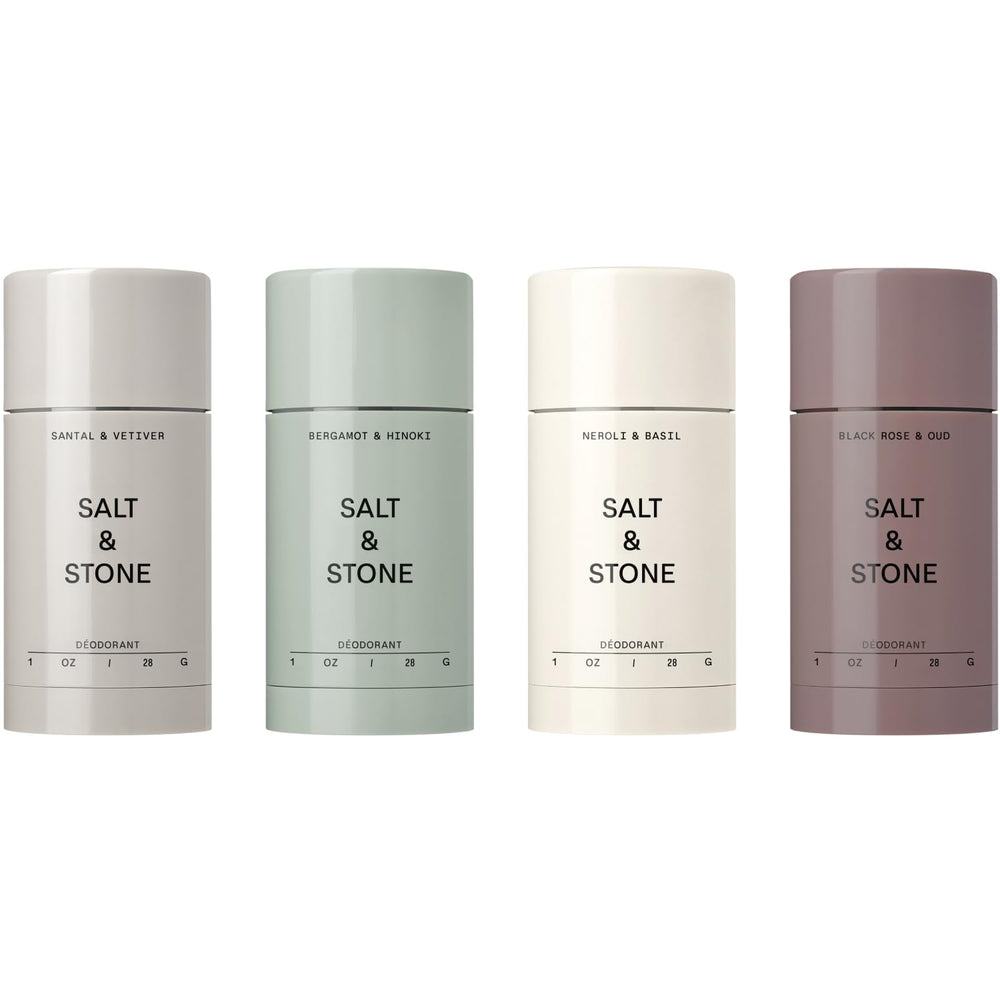 Salt & Stone four-pack front packaging showing travel deodorants and benefits
