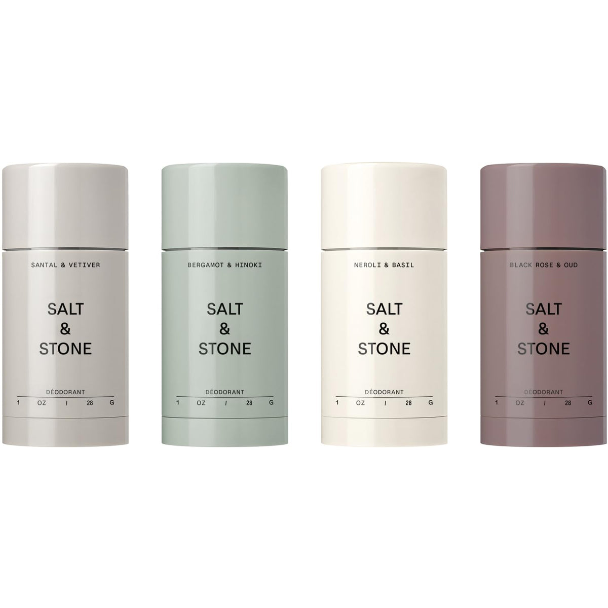 Salt & Stone four-pack front packaging showing travel deodorants and benefits