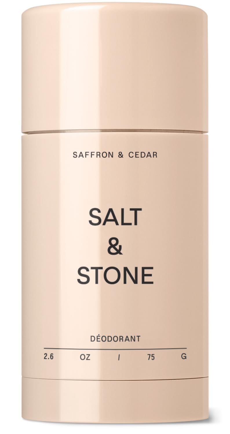 Salt & Stone frente del envase Saffron & Cedar mostrando diseño y tamaño