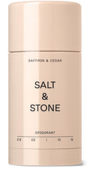 Salt & Stone frente del envase Saffron & Cedar mostrando diseño y tamaño