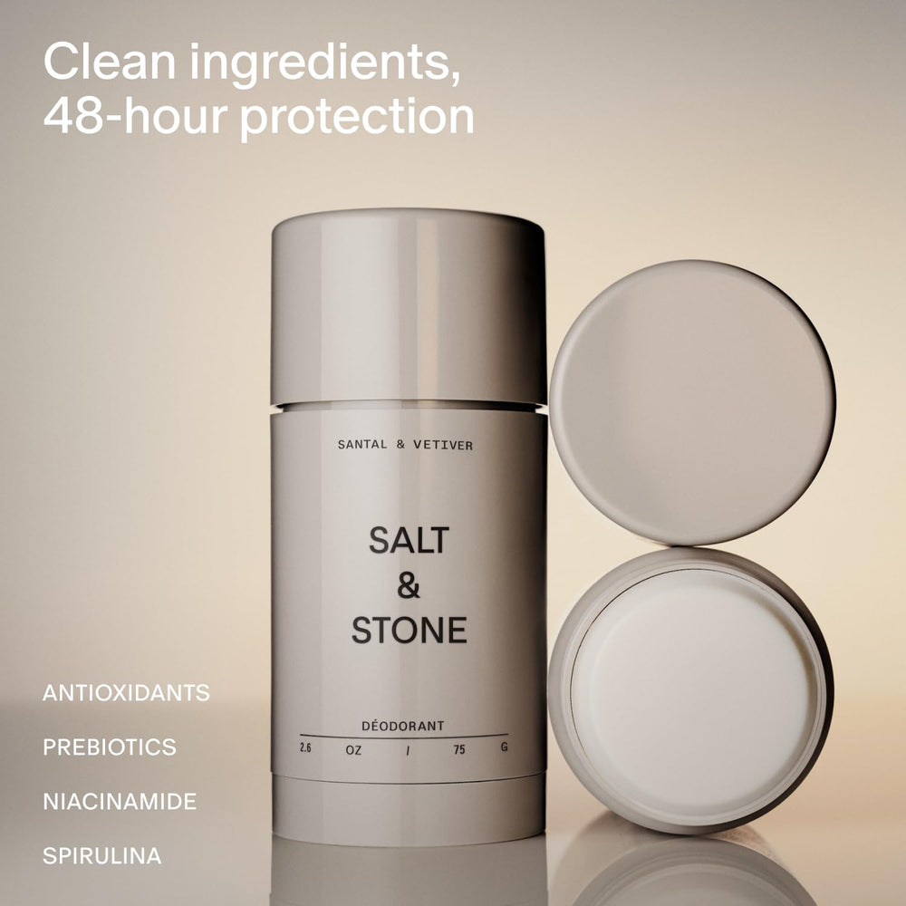 Salt & Stone empaque con foco en texto de ingredientes y beneficio hidratante