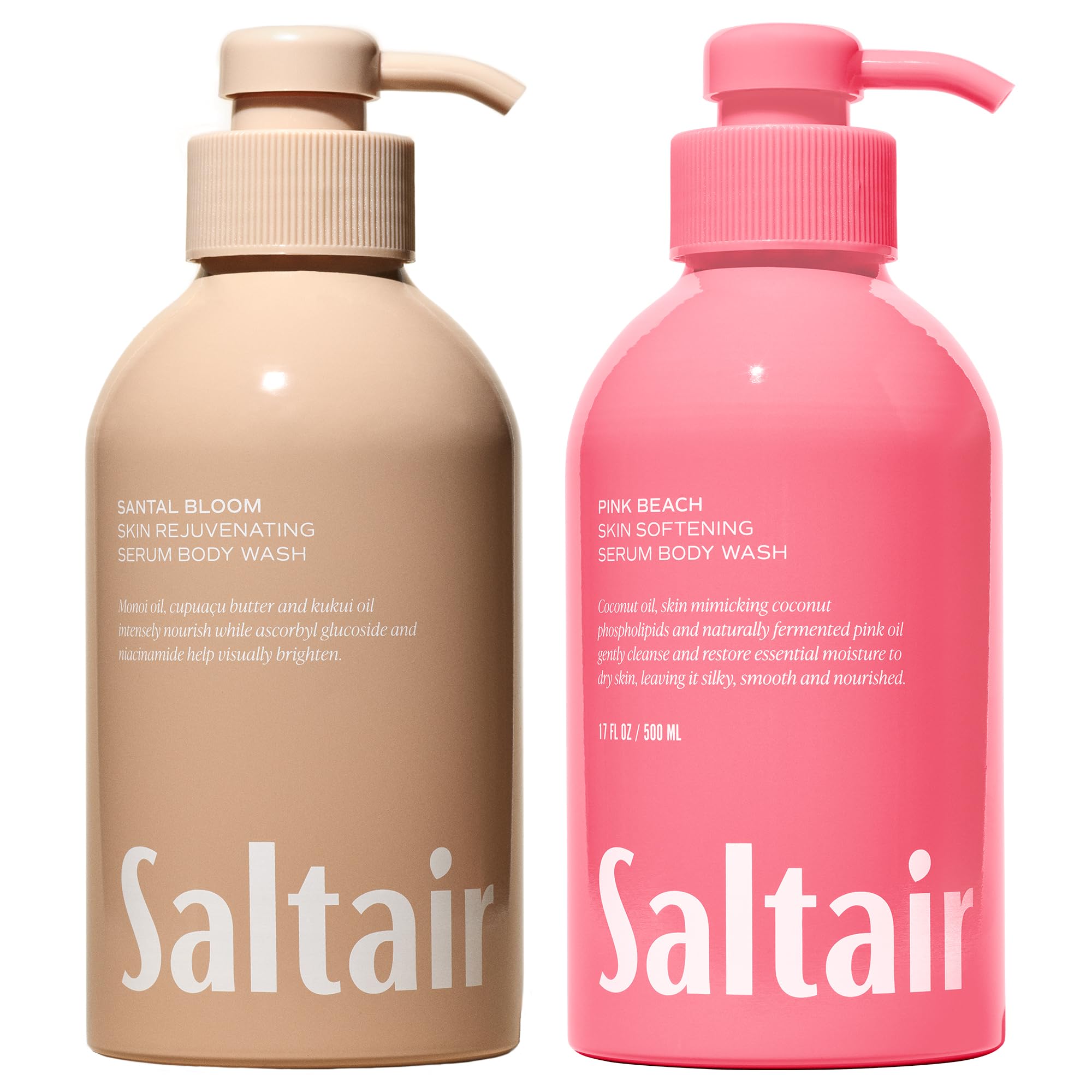 Saltair two-bottle front packaging showing signature scents and pumps for easy dispensing