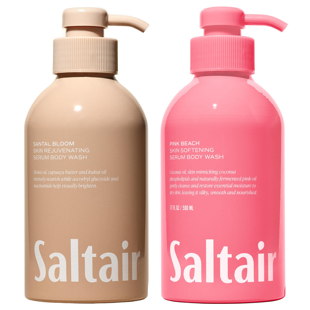 Saltair two-bottle front packaging showing signature scents and pumps for easy dispensing
