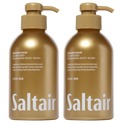 Saltair front packaging showing two 17oz bottles and bright tropical label, inviting hydration
