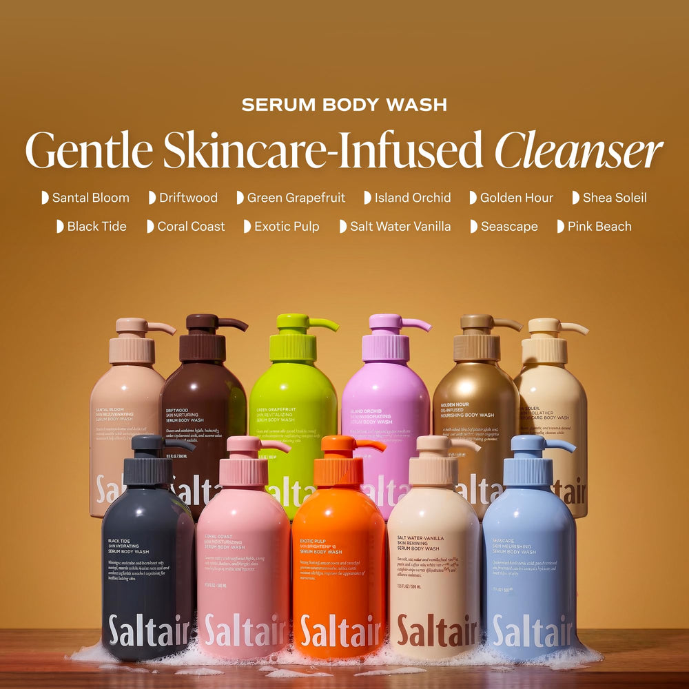 Saltair paired bottles on shower shelf indicating convenient twin supply