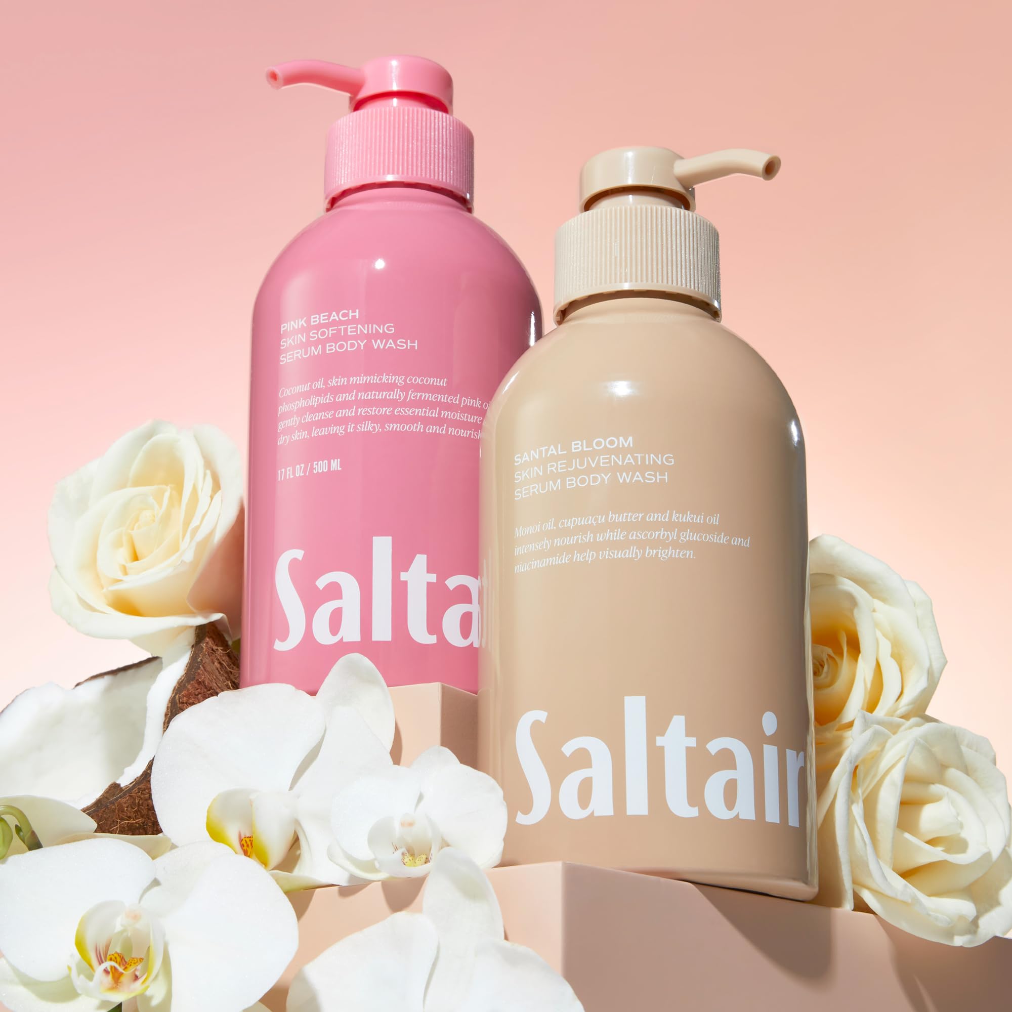 Saltair bottles on bathroom counter in lifestyle scene implying luxury home care