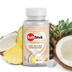 SaltStick envase frontal FastChews coco piña mostrando diseño y beneficio portátil