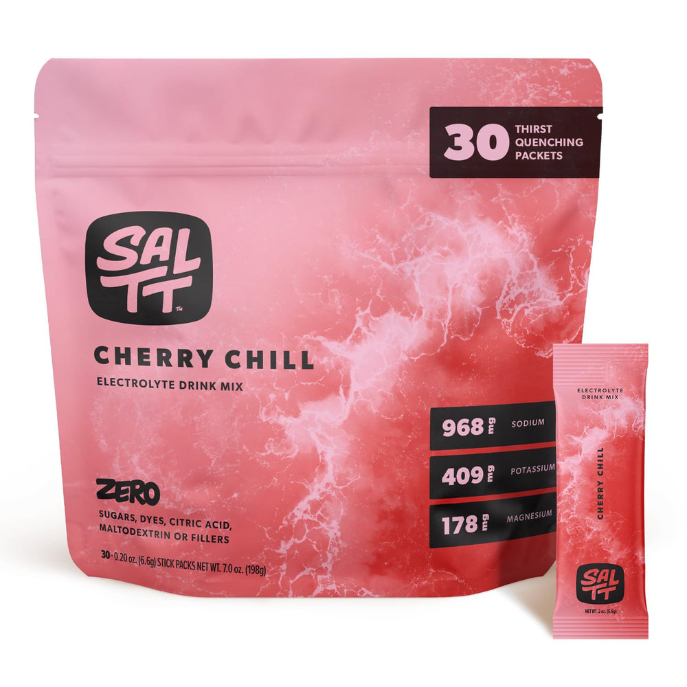 SALTT empaque frontal Cherry Chill mostrando 30 sticks y beneficio práctico