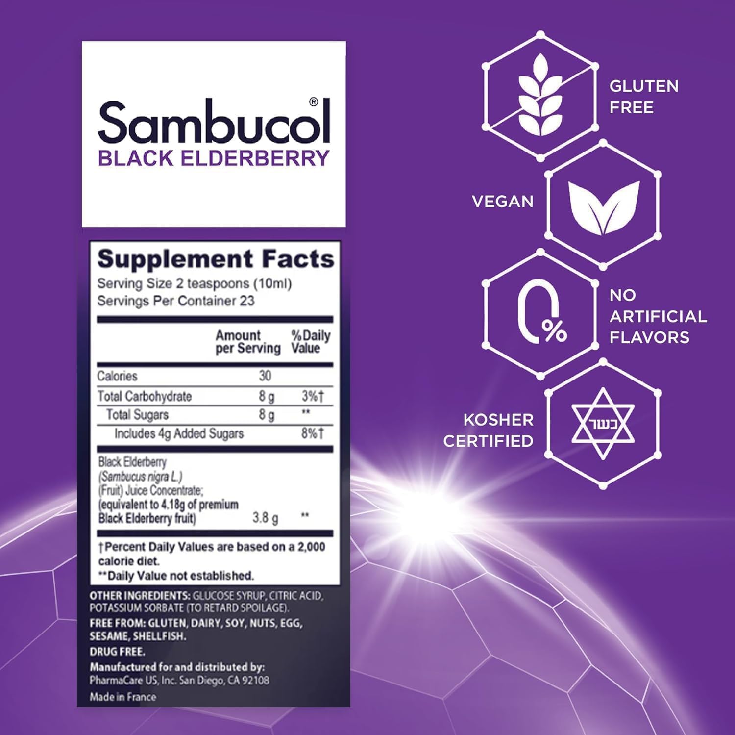 Sambucol primer plano de la etiqueta con ingredientes y certificaciones claras